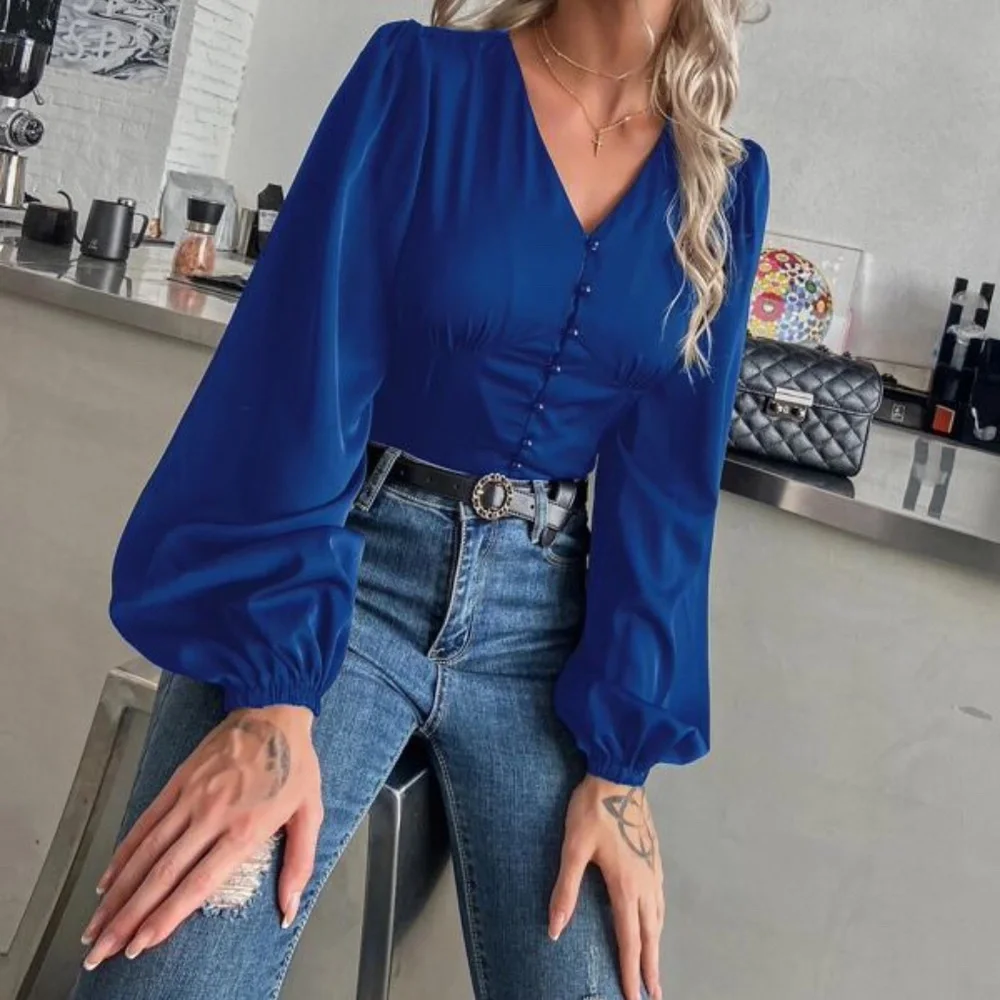 Green V neck button down bishop sleeve blouse Minimalist - Picture 5 of 8
